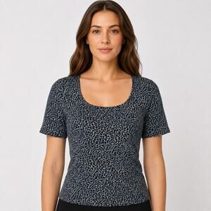 Animal Print Leopard Scoop Neck Short Sleeve Fitted Stretch Top S/M -